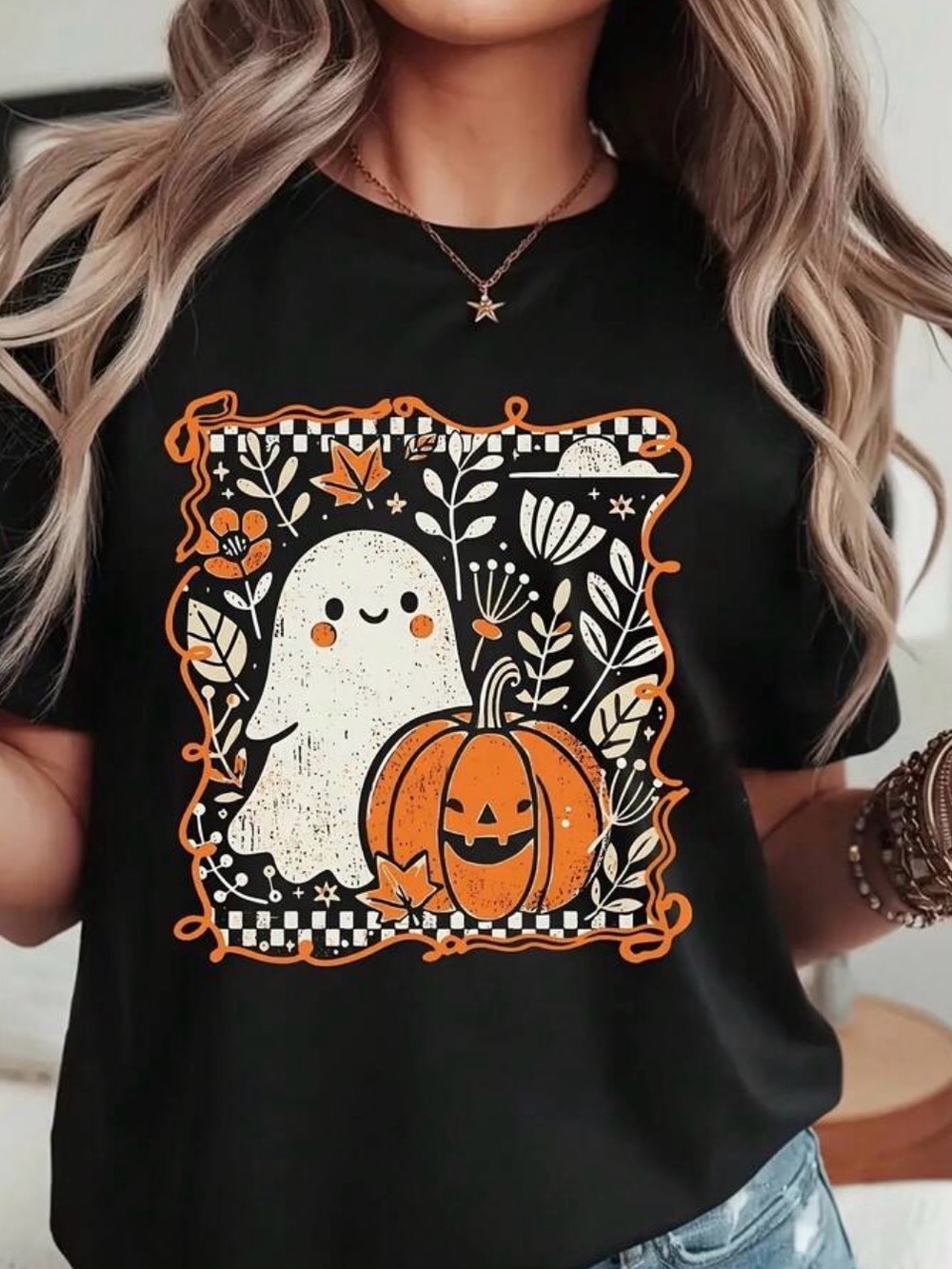 Vintage Halloween Ghost & Pumpkin Graphic Tee - Black with Orange & Cream